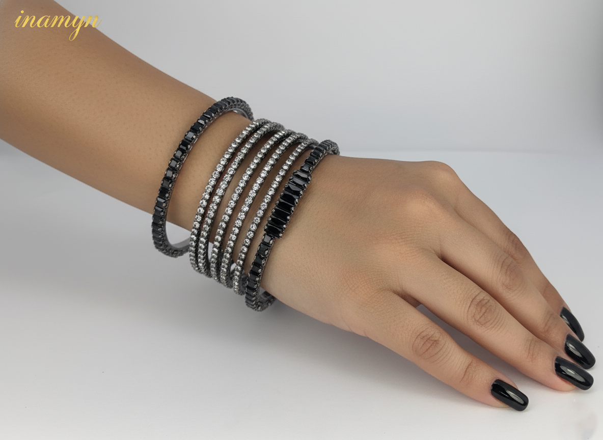 Noir Gunmetal Black & Clear Crystal Bangle Stack