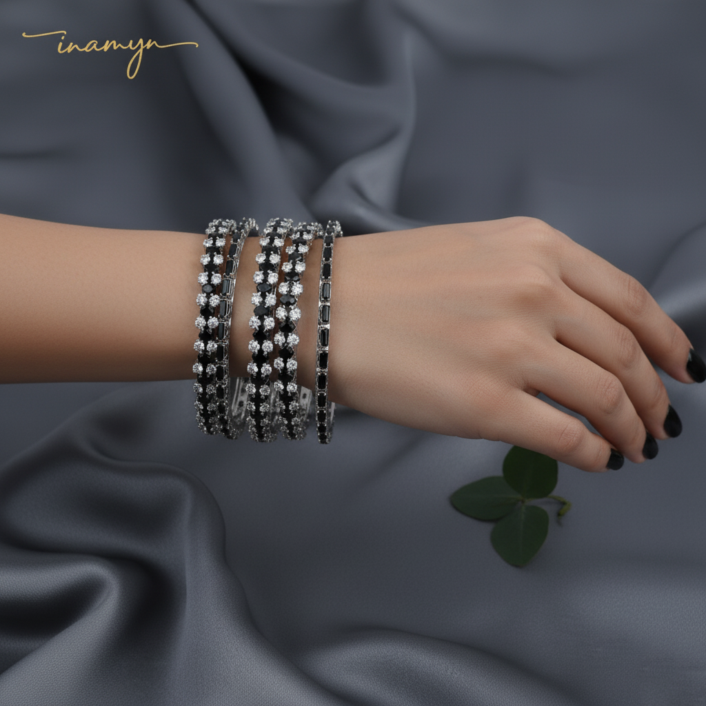 Silver Crystal & Noir Bangle Stack