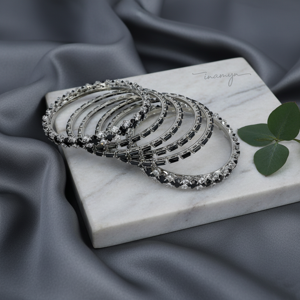 Silver Crystal & Noir Bangle Stack
