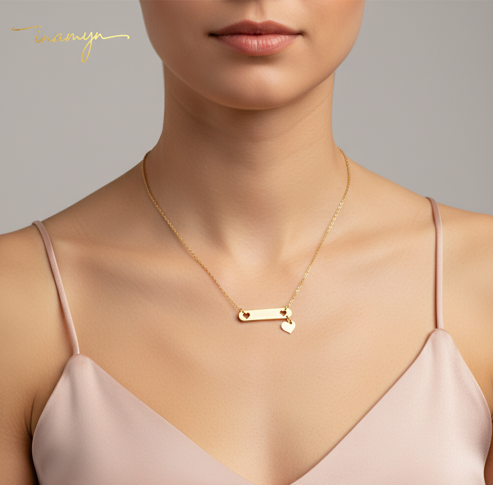 Personalized Gold Bar & Heart Necklace