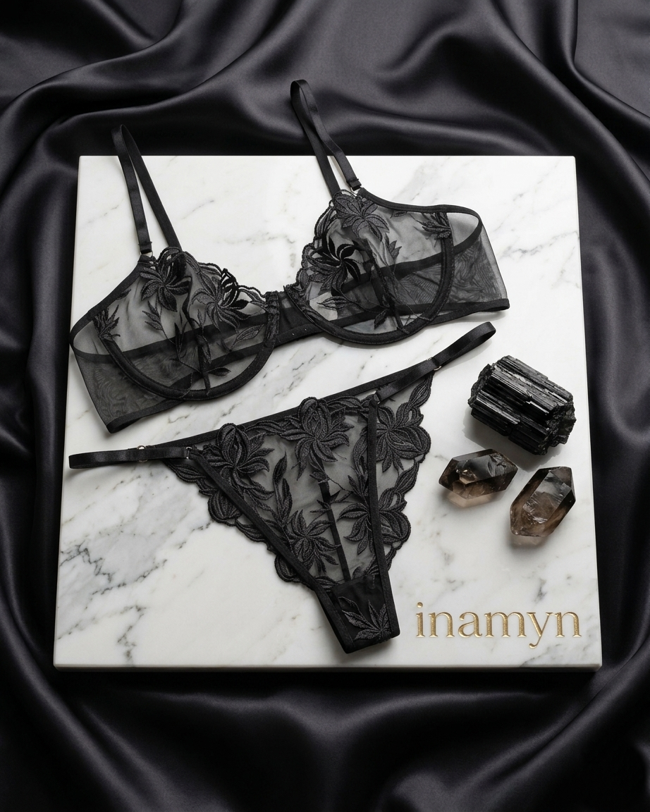Black Floral Embroidered Lingerie Set