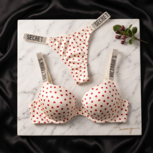 Heart Print Push-Up Bra & Shine Strap Panty Set