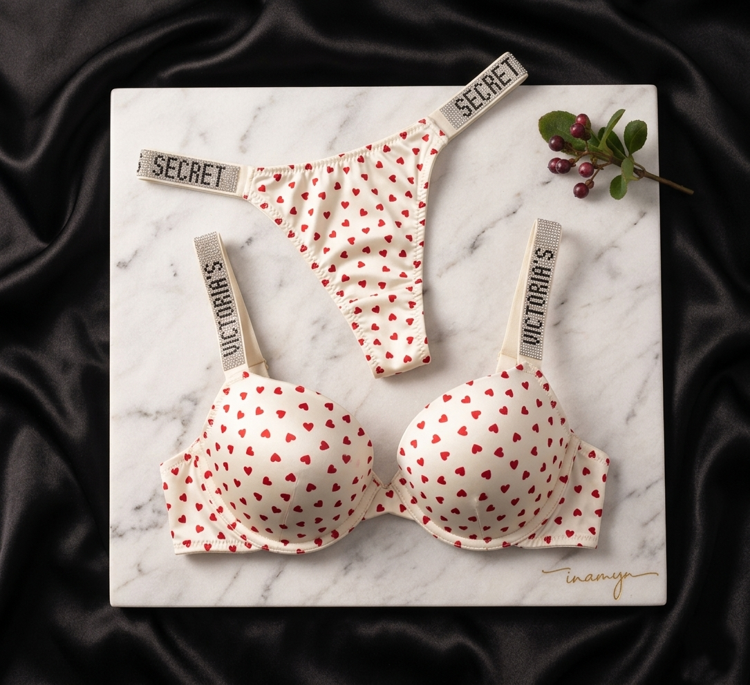 Heart Print Push-Up Bra & Shine Strap Panty Set
