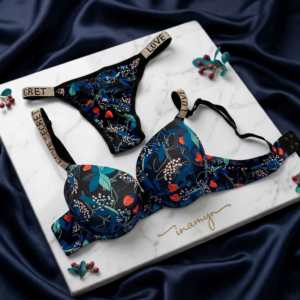 Navy Blue Floral Lace Bra & Panty Set