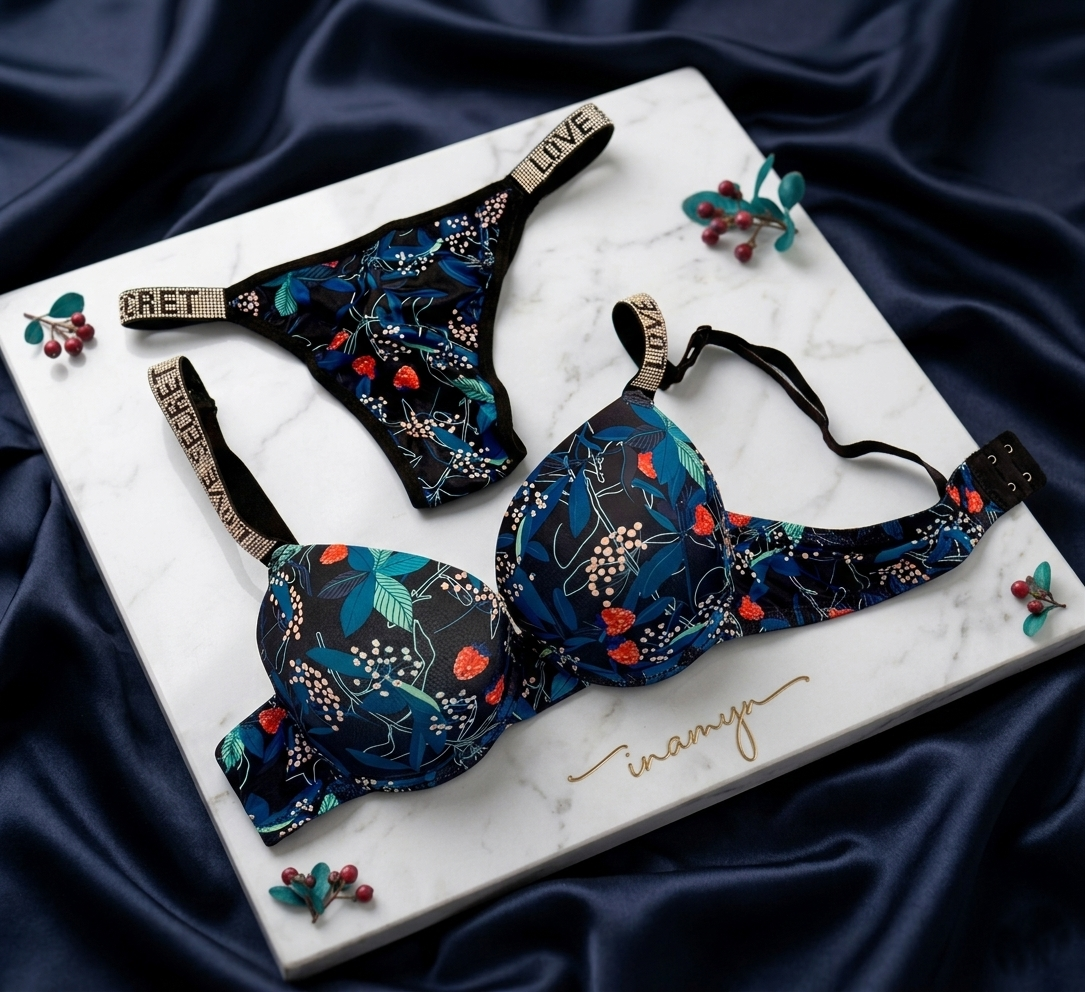 Navy Blue Floral Lace Bra & Panty Set