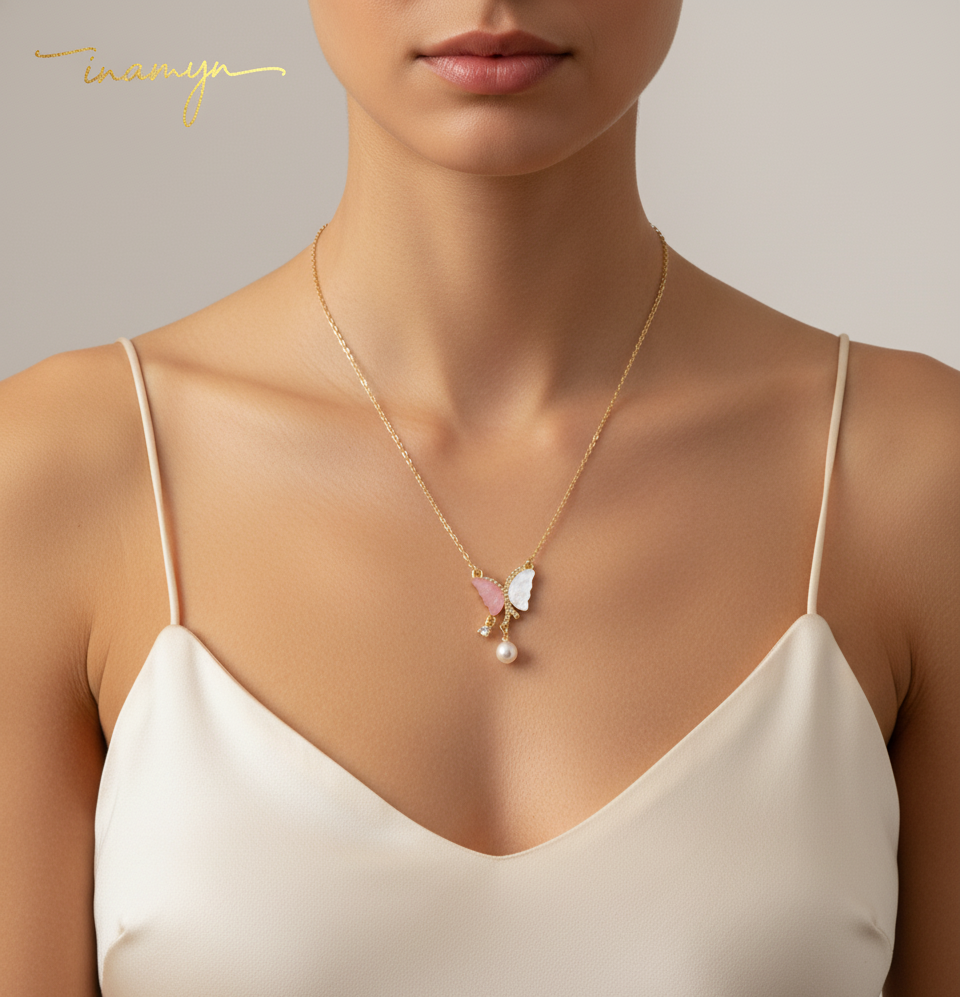 Gold-Plated Pink Pearl Butterfly Necklace