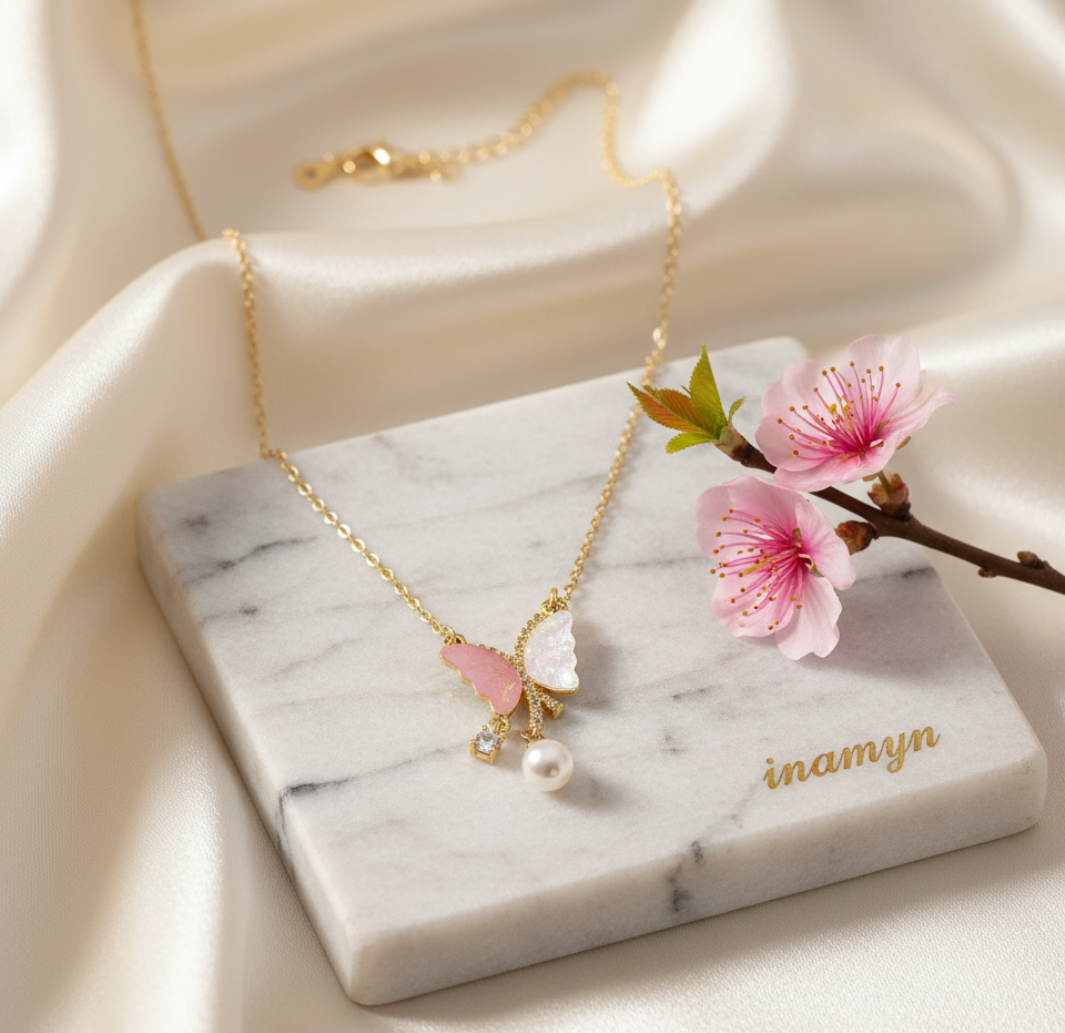 Gold-Plated Pink Pearl Butterfly Necklace