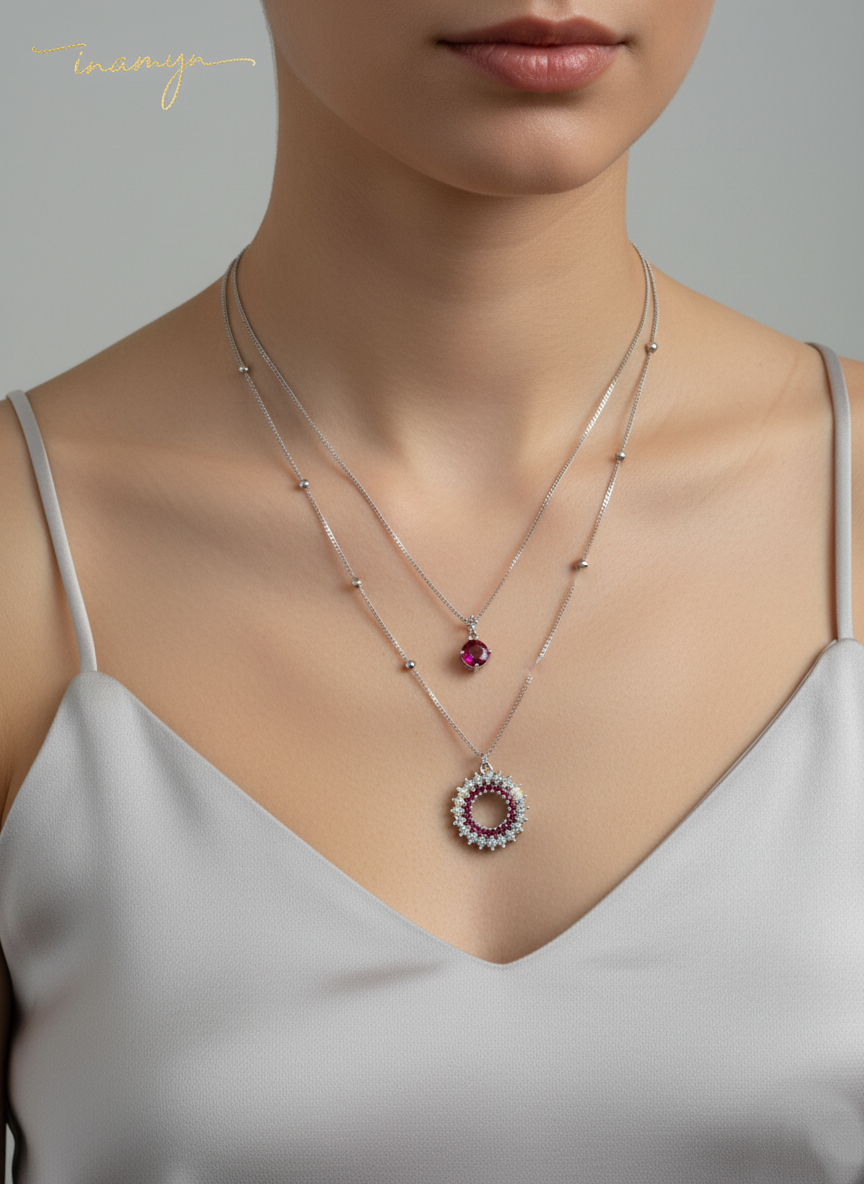 Silver-Plated Double Layer Ruby Necklace