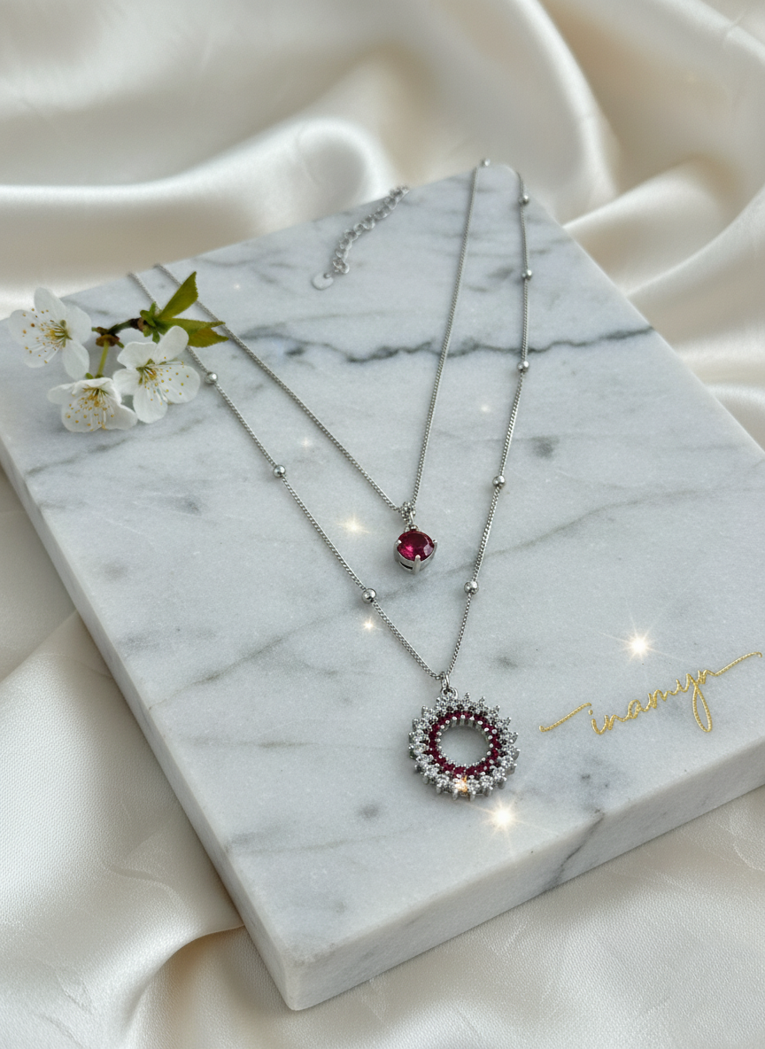 Silver-Plated Double Layer Ruby Necklace
