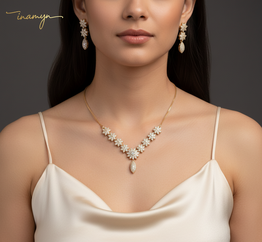 Silver-Plated Grand Floral Crystal Necklace Set