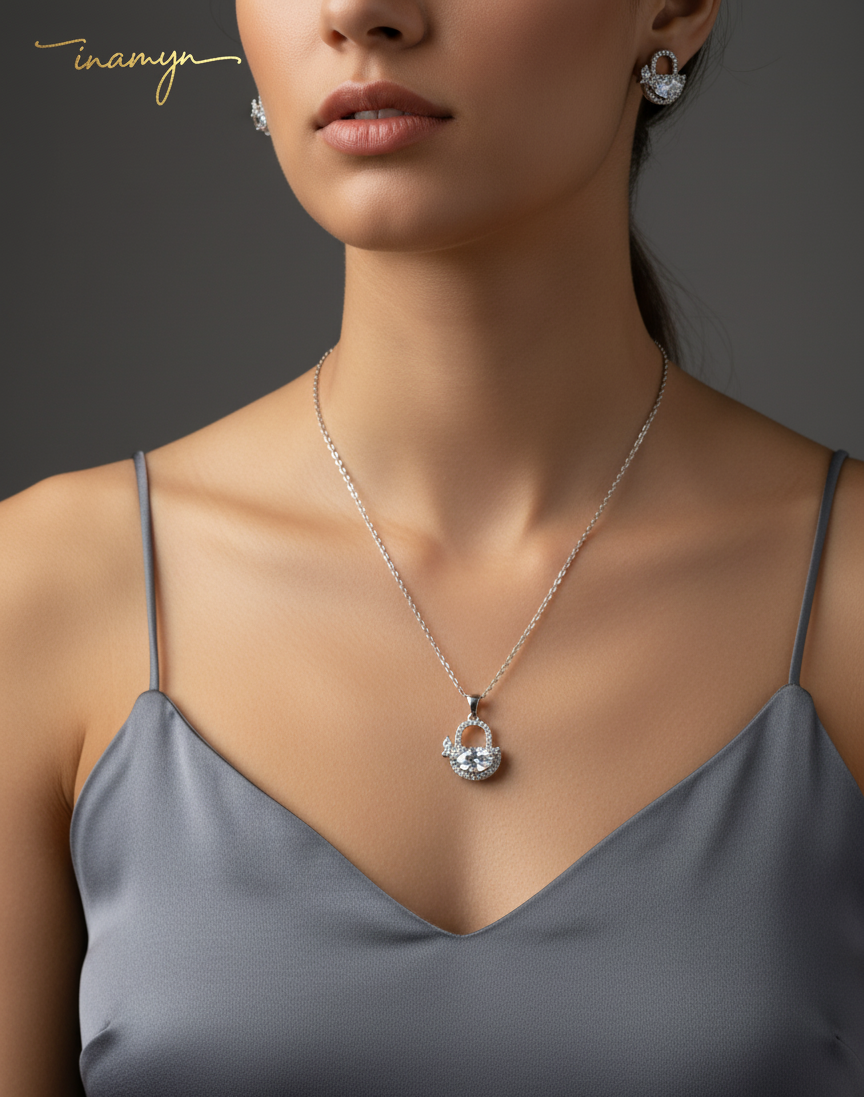 Silver-Plated Crystal Basket Necklace Set