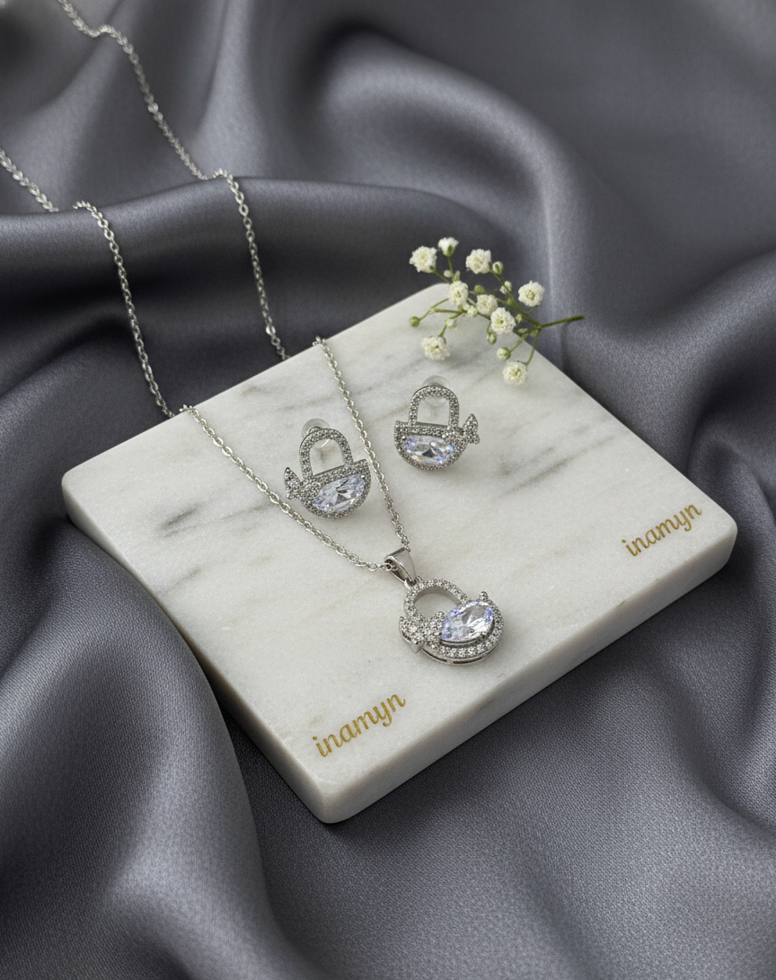 Silver-Plated Crystal Basket Necklace Set