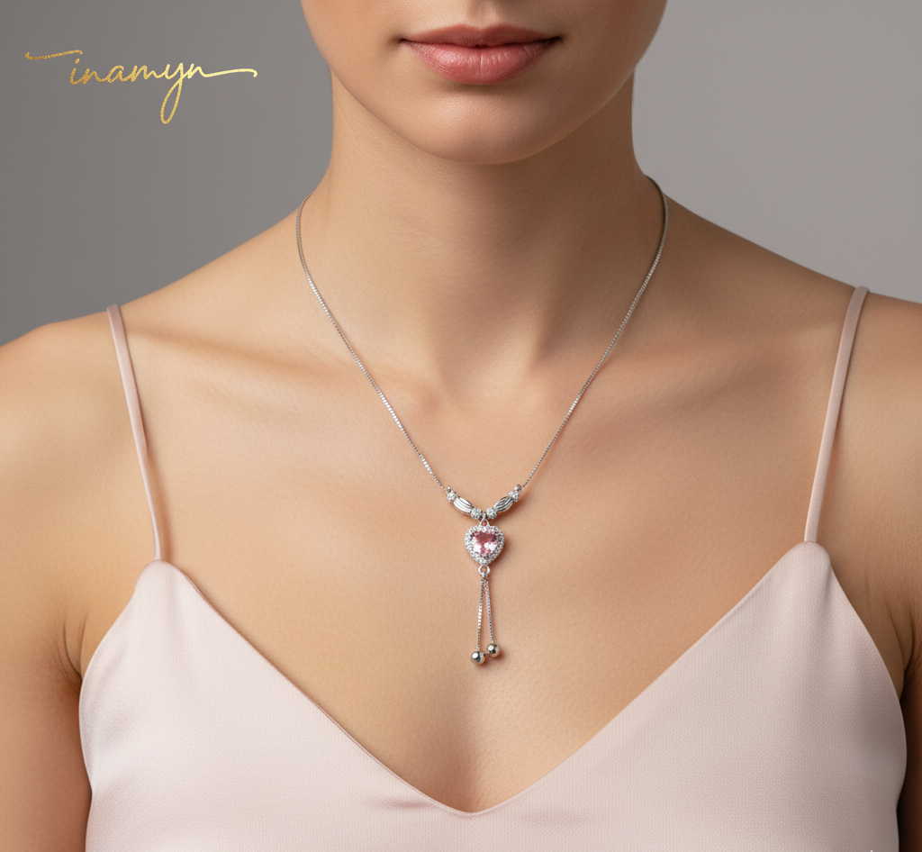 Silver-Plated Pink Heart Crystal Necklace