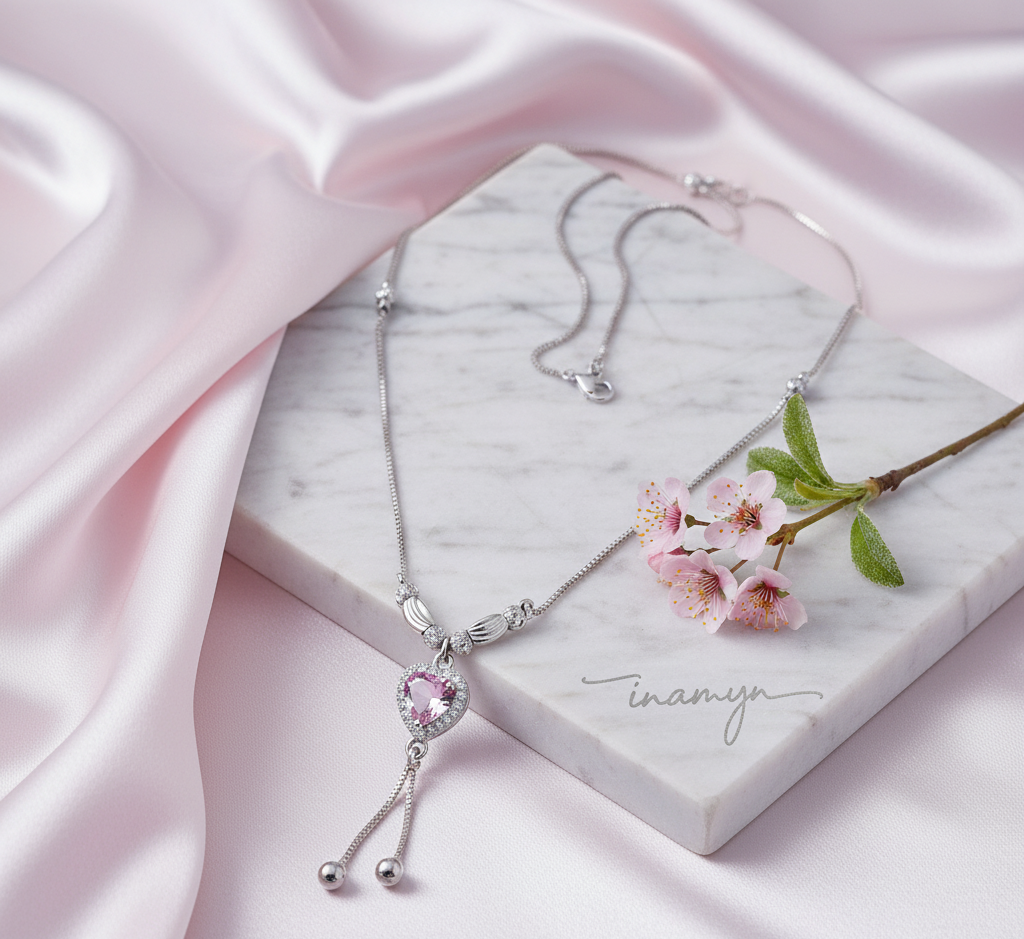 Silver-Plated Pink Heart Crystal Necklace