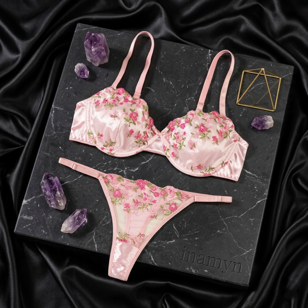 Blush Pink Floral Embroidered Lingerie Set