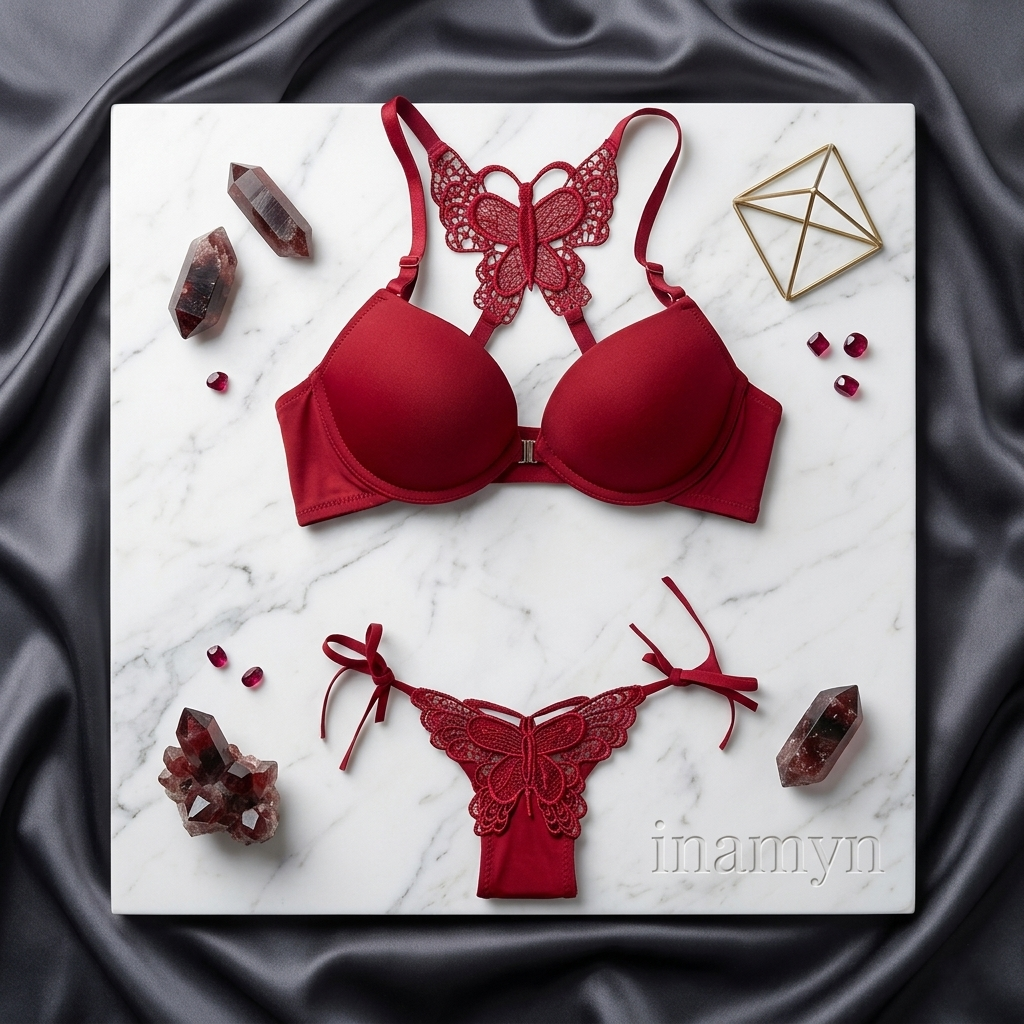 Crimson Red Butterfly Lace Lingerie Set