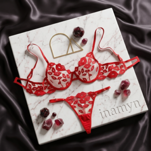 Red Lip Embroidered Lingerie Set