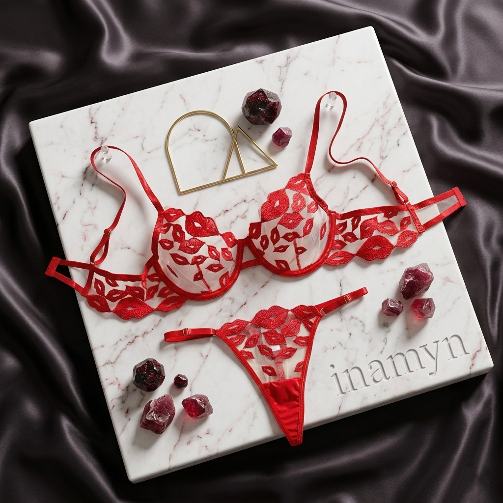 Red Lip Embroidered Lingerie Set