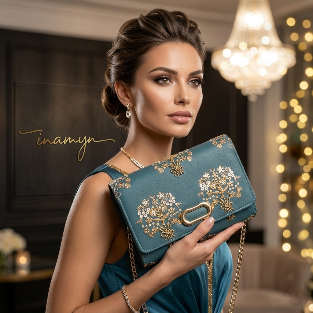 Teal Blue Floral Sequined Party Clutch