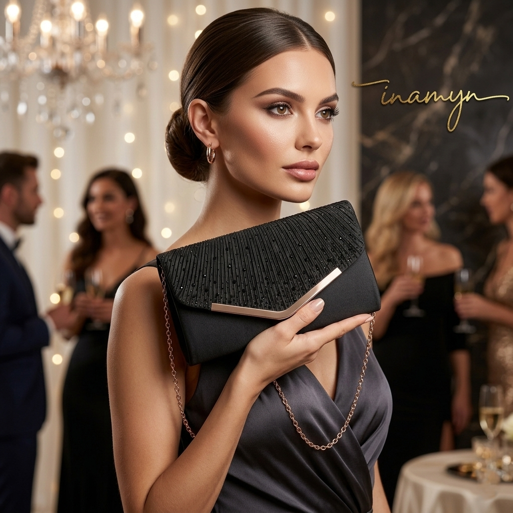 Black Pleated Envelope Party Clutch