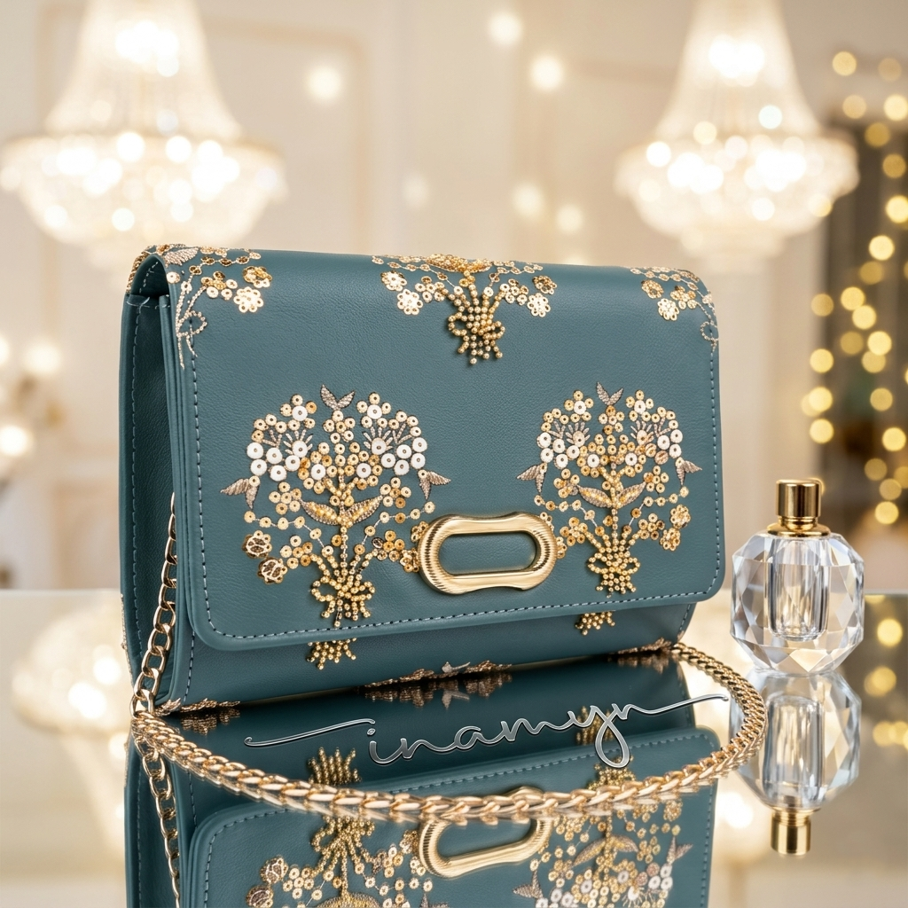 Teal Blue Floral Sequined Party Clutch