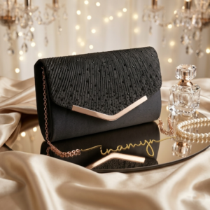 Black Pleated Envelope Party Clutch