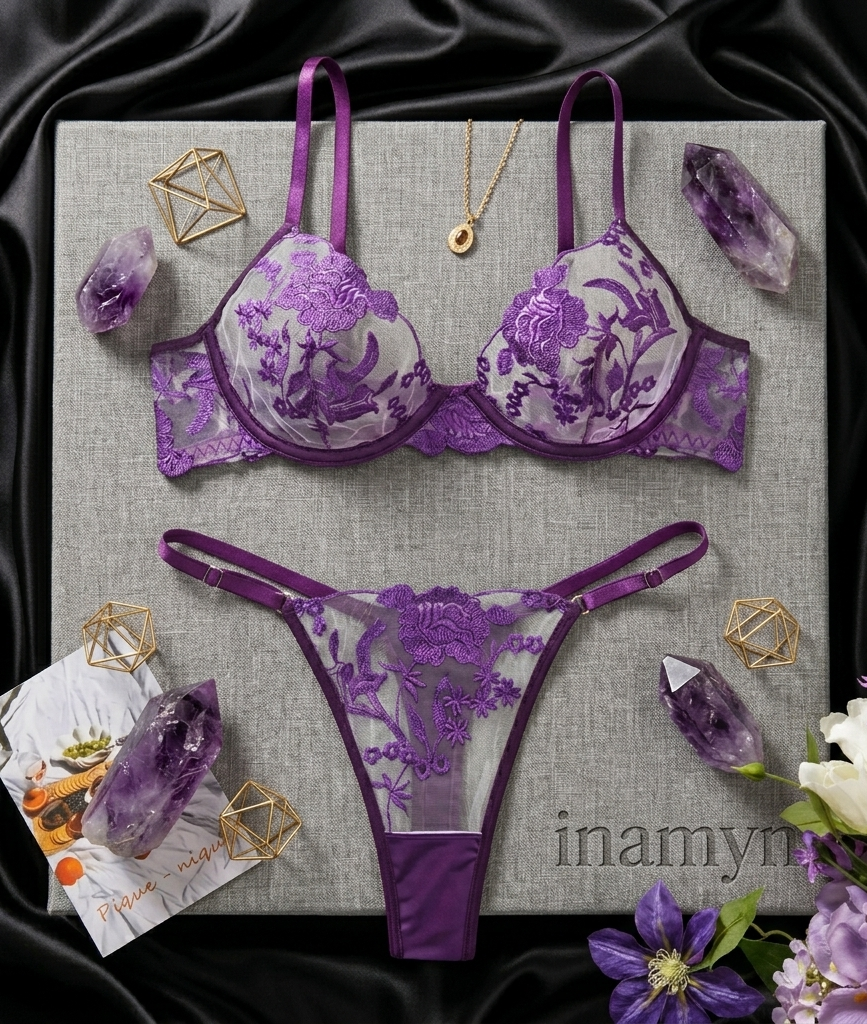Purple Floral Embroidered Lingerie Set